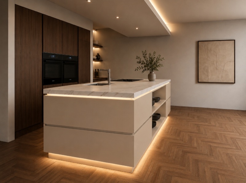 Modern kookeiland met walnoot kasten, marmeren blad en sfeervolle LED-verlichting